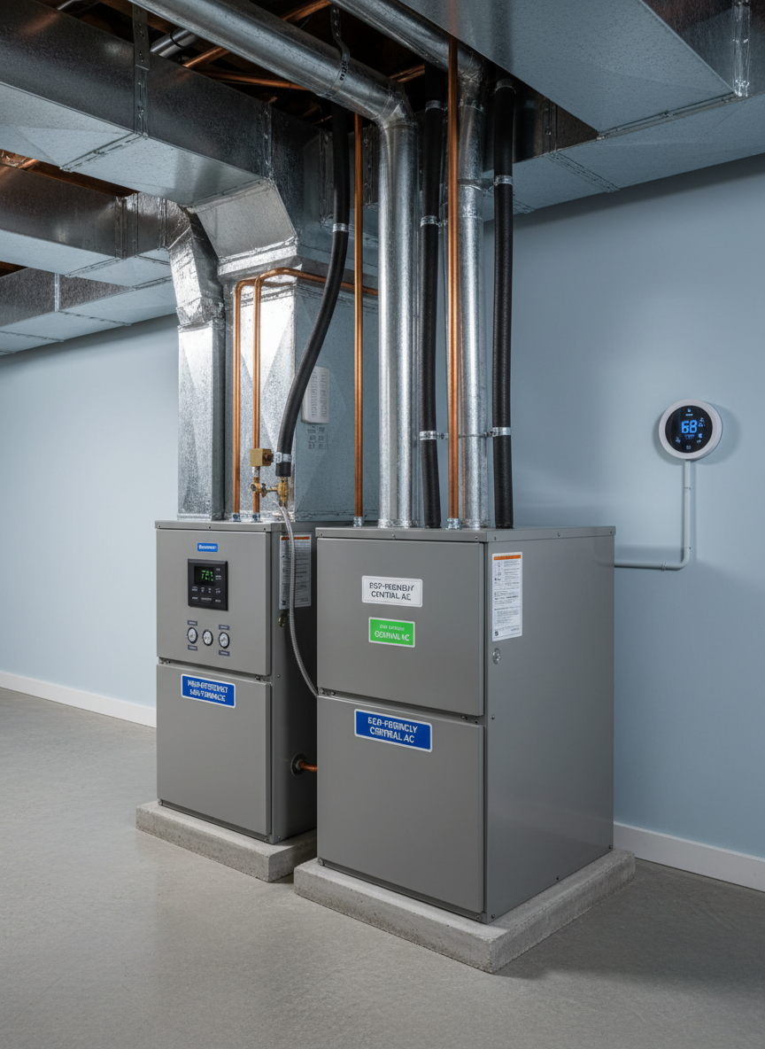 A meticulously installed high-efficiency HVAC furnace and air conditioning unit paired together in a spotless residential basement, their metal casings a clean light gray with clearly labeled control panels and neatly routed copper refrigerant lines. The units sit on level concrete pads beside a perfectly organized network of insulated ductwork and a modern smart thermostat mounted on a nearby painted wall. Soft, even studio-style lighting highlights the equipment’s crisp edges and metallic textures while casting gentle, controlled shadows. Shot at eye level with sharp focus throughout, the photographic realism and clean, modern aesthetic create a professional, trustworthy mood, ideal for a heating and air conditioning company homepage hero image.
