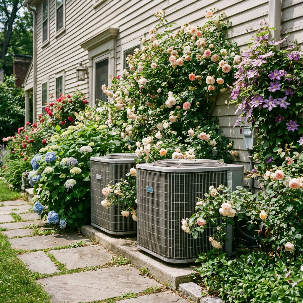 Two exterior air conditioning units situated next to a house amidst blooming flowers and shrubs.
